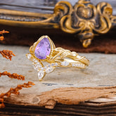 Nature-Inspired 3-Prong Oval-Cut Natural Amethyst Engagement Ring Set with Vine Accents